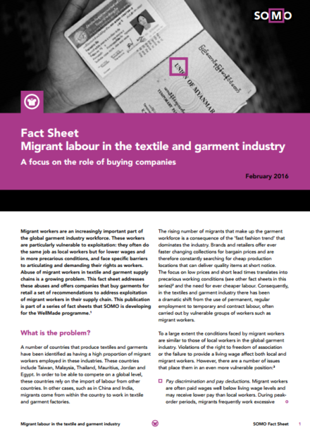 publication cover - Fact Sheet: Migrant labour in the textile and garment industry