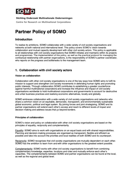 publication cover - Partnerbeleid van SOMO