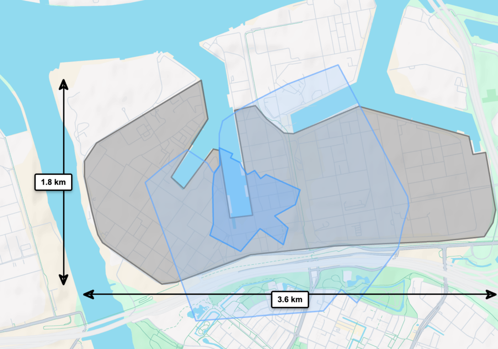 Shell Pernis: 380 hectare. De kleur blauw (donker) staat voor Moerdijk, lichtblauw staat voor het gebied dat nodig lijkt te zijn is voor industrieuitbreiding rond Moerdijk en grijs staat voor de bestaande raffinaderijen in Rotterdam.