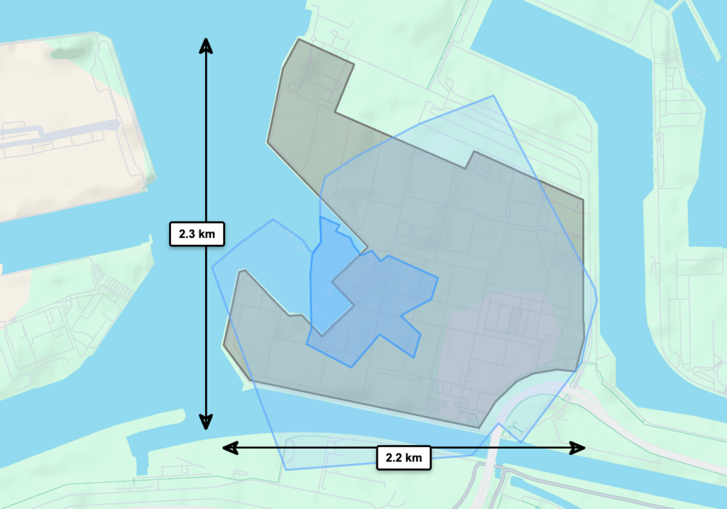 BP: 280 hectare. De kleur blauw (donker) staat voor Moerdijk, lichtblauw staat voor het gebied dat nodig lijkt te zijn is voor industrieuitbreiding rond Moerdijk en grijs staat voor de bestaande raffinaderijen in Rotterdam.
