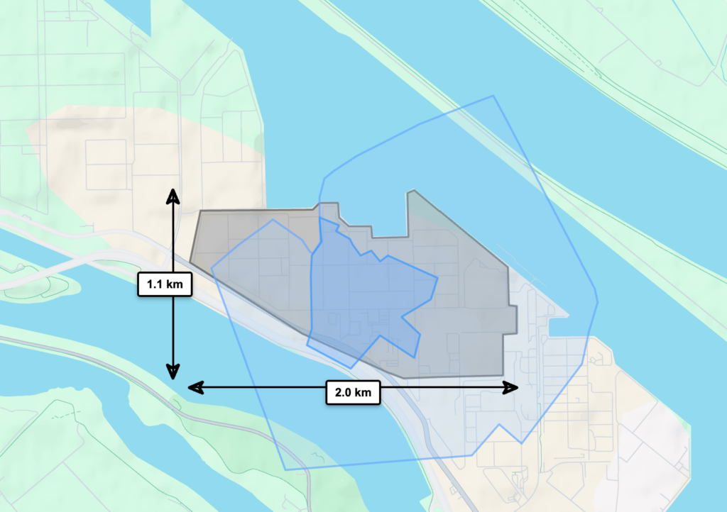 Gunvor: 150 hectare. De kleur blauw (donker) staat voor Moerdijk, lichtblauw staat voor het gebied dat nodig lijkt te zijn is voor industrieuitbreiding rond Moerdijk en grijs staat voor de bestaande raffinaderijen in Rotterdam.
