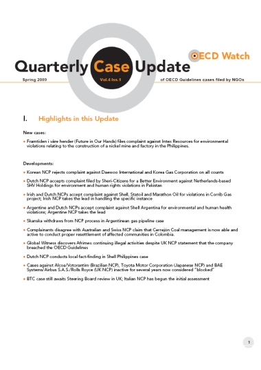 publication cover - OECD Watch Quarterly Case Update Spring 2009