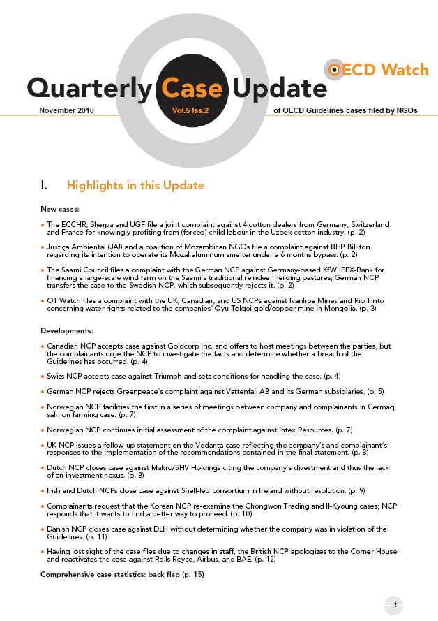 publication cover - OECD Watch Quarterly Case Update November 2010