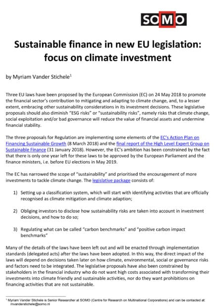 publication cover - Sustainable finance in new EU legislation: focus on climate investment
