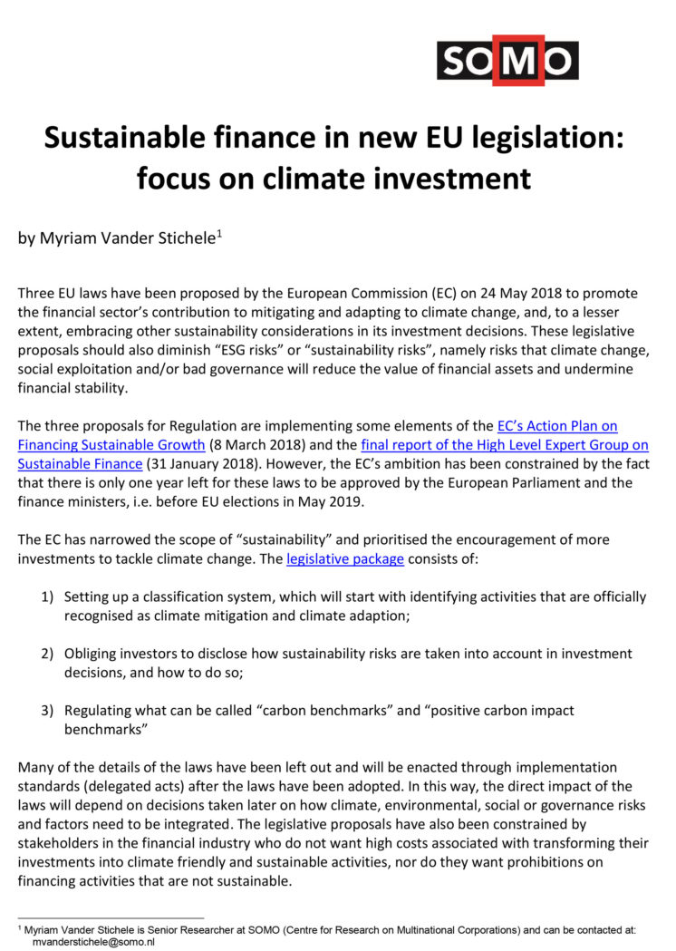 publication cover - Sustainable finance in new EU legislation: focus on climate investment