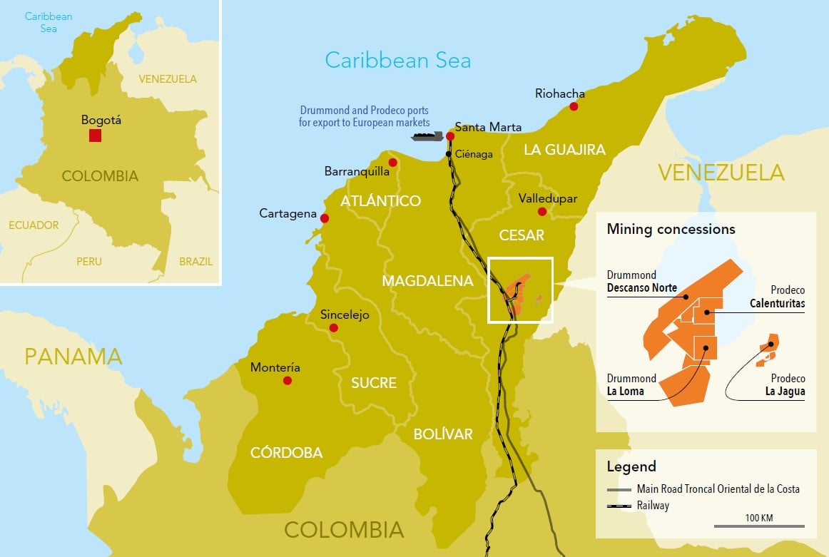 Map: Coal mining in Cesar, Colombia