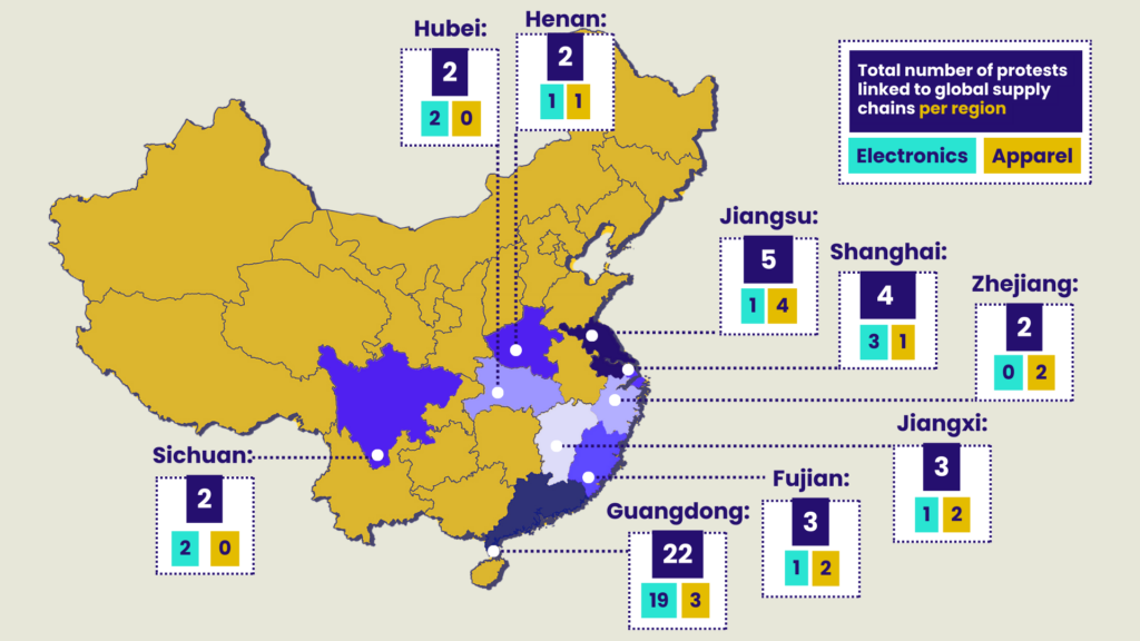 Researched labour protests linked to supply chains of major multinational brands per province. Source: China Labour Bulletin’s Strike Map, accessed last on 16/12/2024.